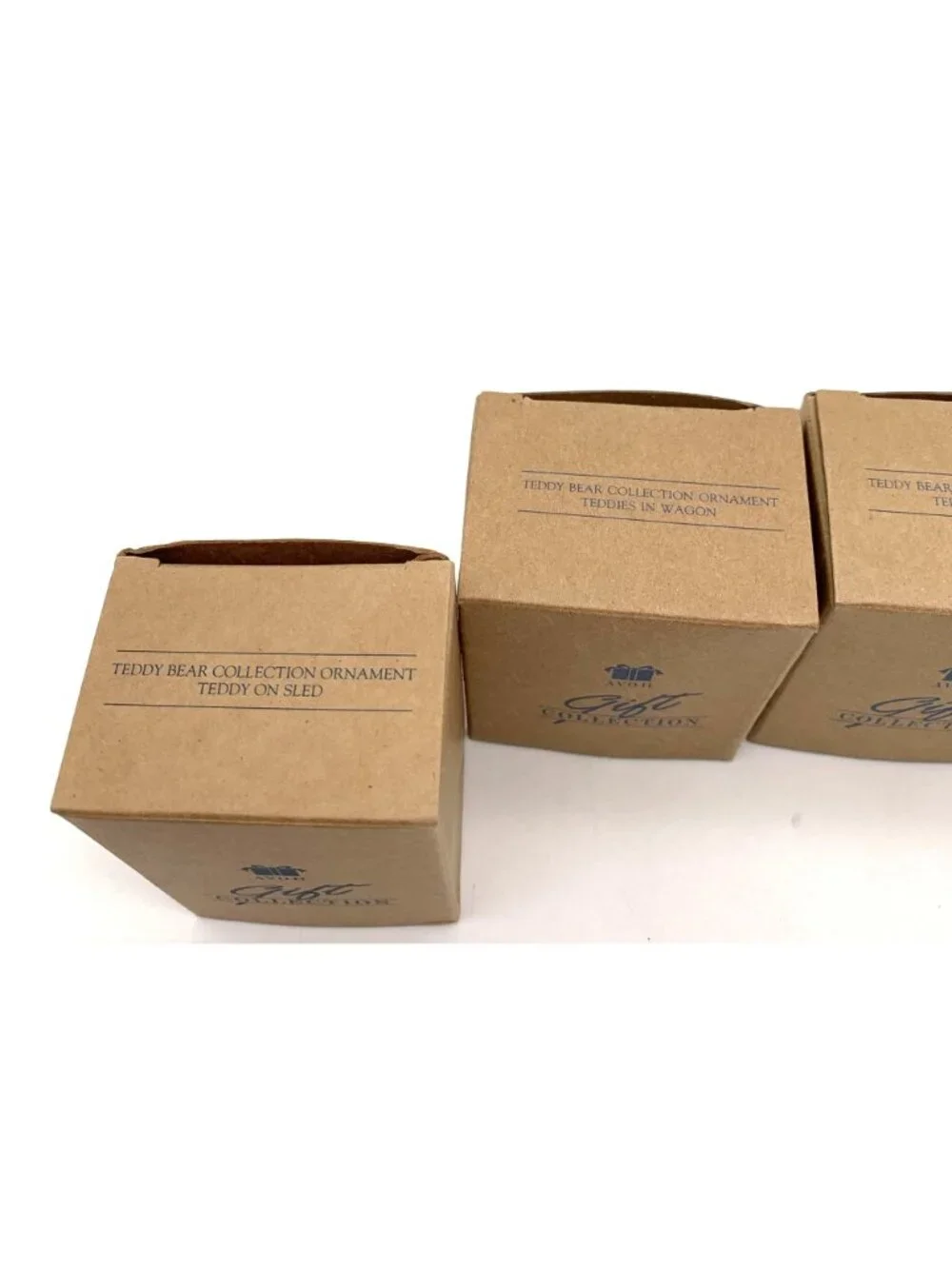 Avon Teddy Bear Collection Ornaments Lot Of 5 In Boxes Wagon Bench Rocker Sled